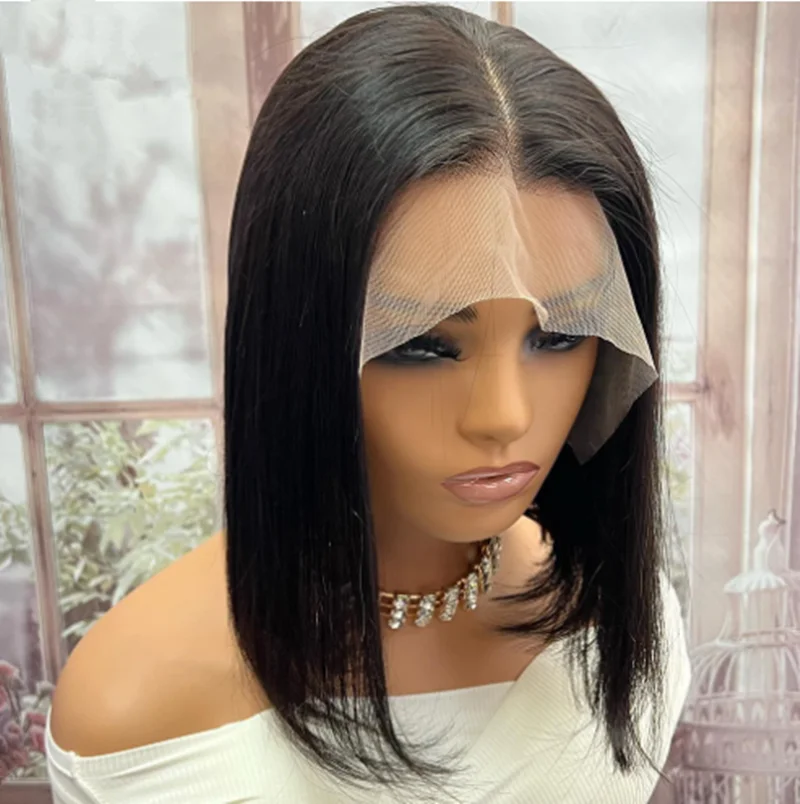 

12-14 inch Lace Front Wigs Short Bob Wig Natural Black Silky Straight soft Blunt Cut Bob Wigs For Women