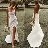 sexy strapless mermaid wedding dress elegant spaghetti straps sleeveless split bridal gown backless satin train robe de mari%c3%a9e
