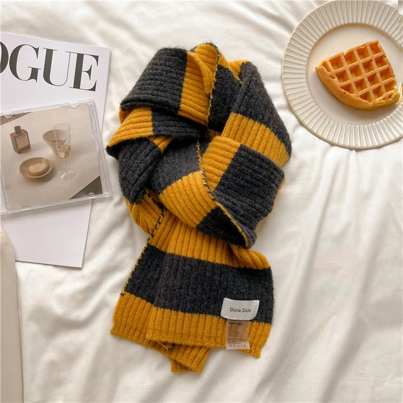 

Wool Korean Style Knitted Scarf Women Skinny Fashion 2022 Design Winter Warm Soft Striped Elastic Scarves Foulard Bufanda Stoles