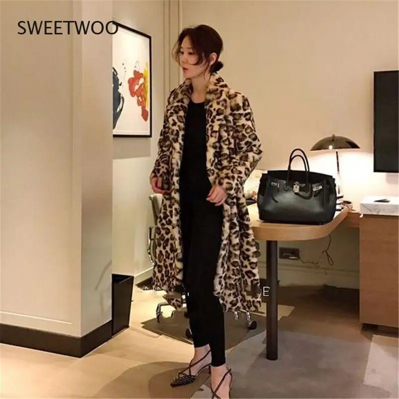 Classic Leopard Print Color Faux Fur Coat Women Long Thick Warm Jackets Fluffy Star Style Overcoats Winter Street Outerwear 2022