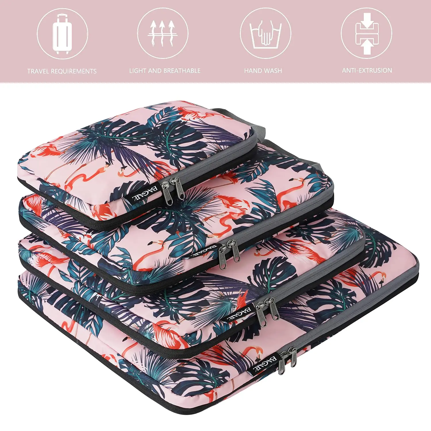 4PCS Pink Flamingos Durable Compression Packing Cubes Travel Accessories Suitcase Organizer Bag Portable Folding Luggage Storage