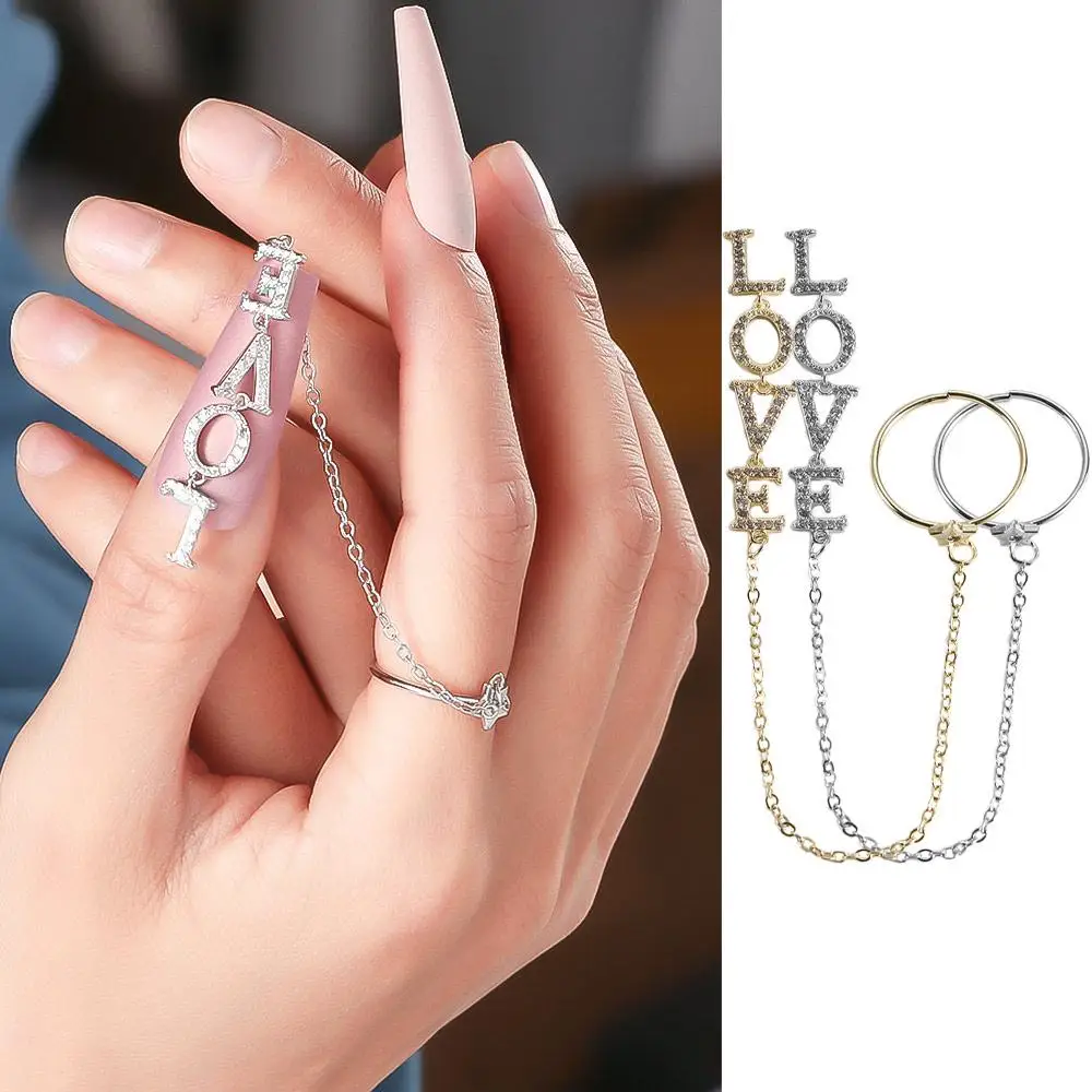 

1pcs Love Letter Ring Tassel Pendant Chain Nail Art Decoration Elegant 3D Pendant Tassel Women Chain Nail Rhinestones