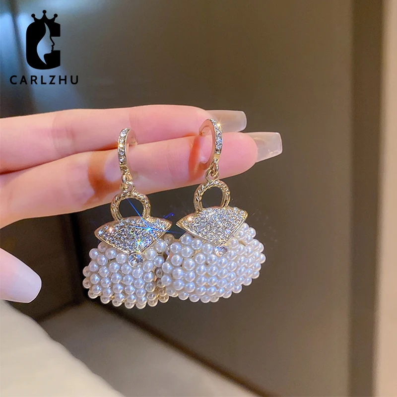 

Elegant Rhinestone Pearl Handbag Drop Earrings 2022 New Temperament Light Luxury Earrings Wedding Brides Party Jewelry Wholesale
