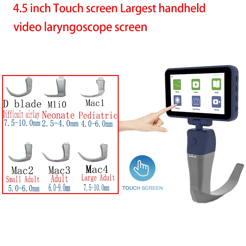 

4.5-inch Touch screen Video Laryngoscope Reusable Sterilizable Blades color TFTLCD Digital 6 Stainless Steel Blades Optional