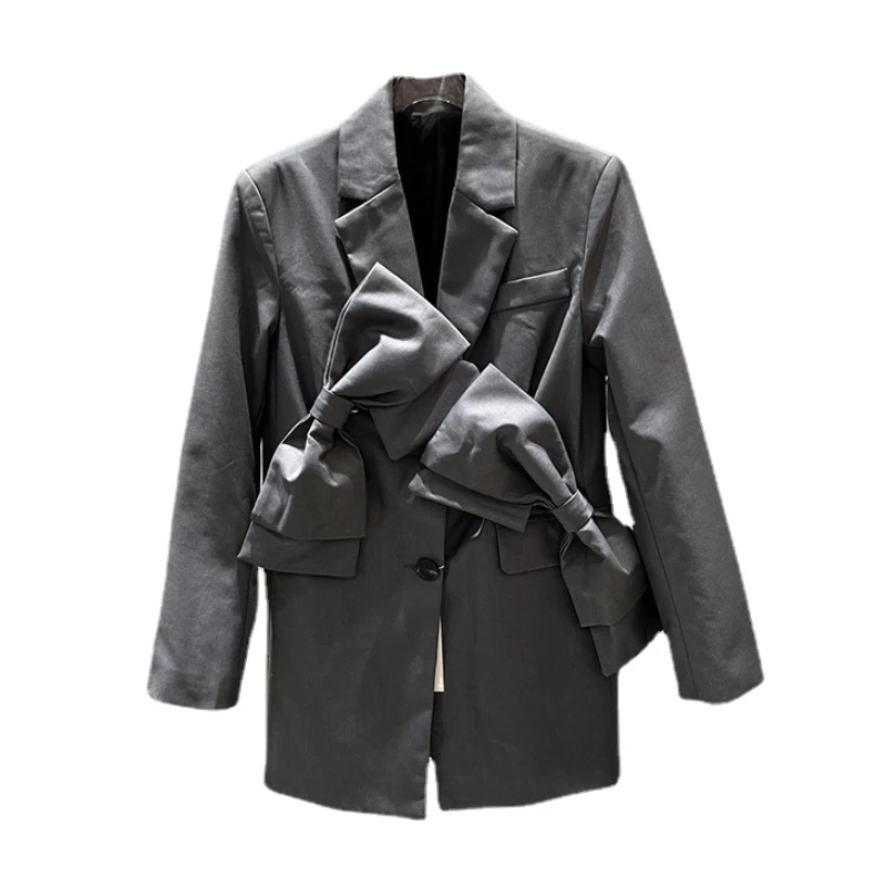 2023 Spring New Fashion Bow Grey Blazer for Women Elegant Professional Women Suit Jacket Ins Ladies Coat Outwears Long Coats