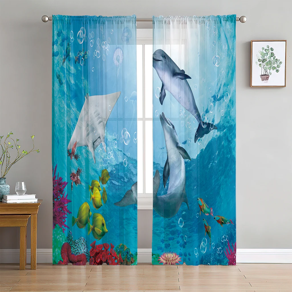 

New Cheap Blue Ocean Shark Turtle Yellow Fish Beach 3D Print Thin Voile Curtain Fabric Curtain Living Room Bedroom Window 2 Pcs