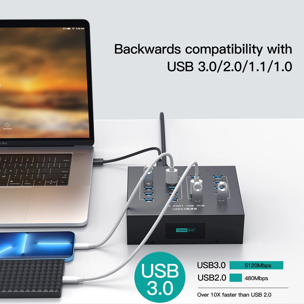 Sipolar A-213P Высокоскоростной 20-портовый концентратор USB 3.0 110 Вт зарядный 1 А со