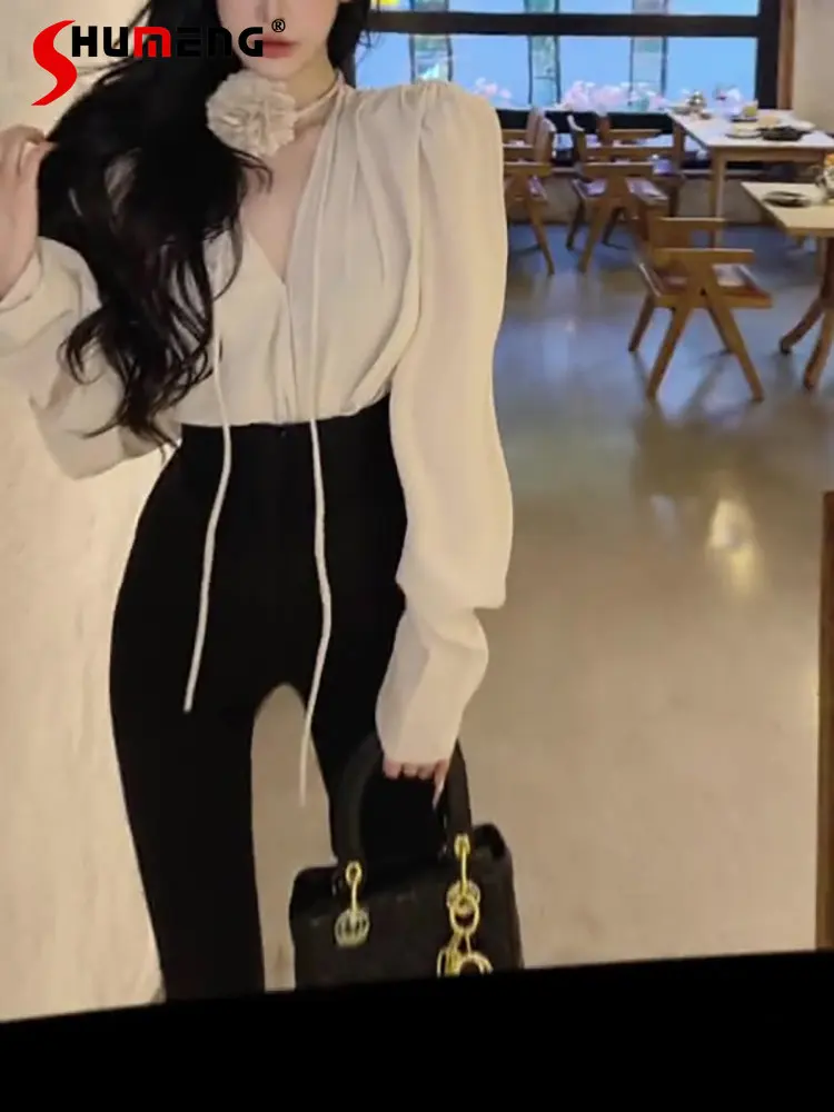 

Женская свободная рубашка во французском стиле, элегантный модный простой пуловер с V-образным вырезом и цветочным принтом, осень 2022