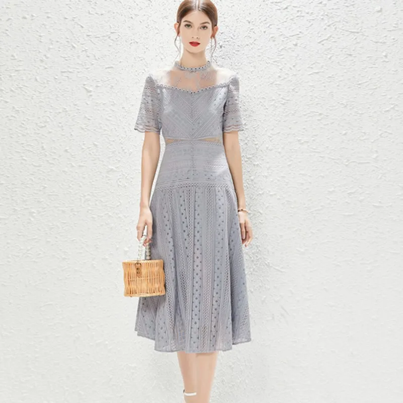 

Summer Fashion Lace Hollow Out Dresses Women Short Sleeve Vintage Elegant Midi Dresses Vestidos