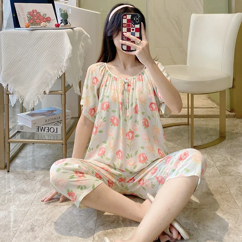 2023 Summer Cotton Silk Women's Pajamas Short-sleeved Cropped Trousers Suit Fresh Pastoral Style Quality Home Service