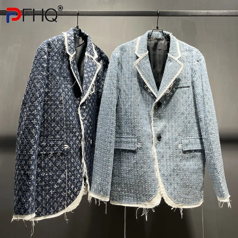 

PFHQ Autumn Men's Vintage Holes Blazers Jackets Denim Crystal Loose Light Luxury Hight Quality Cool Handsome Tide Suit 21Z1261
