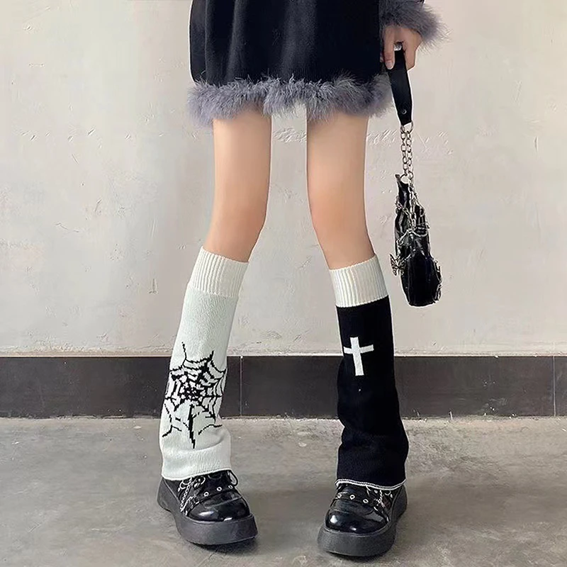 

Women Knit Leg Warmers with Double Side Wearing Halloween Gothic Spider Gothic Web Cross Print Knee High Socks Boot Cuffs Cover