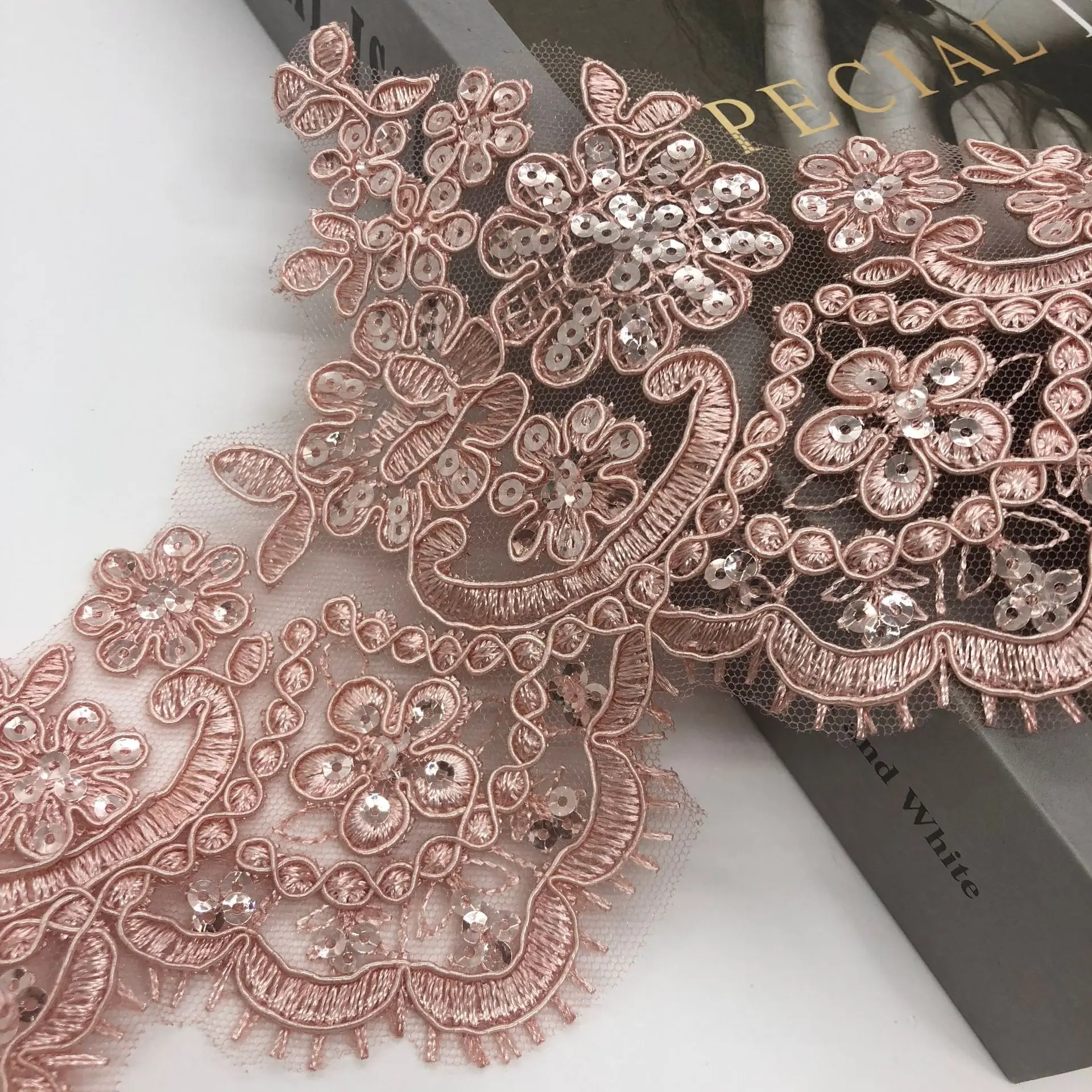 

1Yard 13cm wide Pink Champange Sequins Edge Polyester Embroidery Lace Trim for Bridal Wedding Gown Costume Design Lace Ribbon