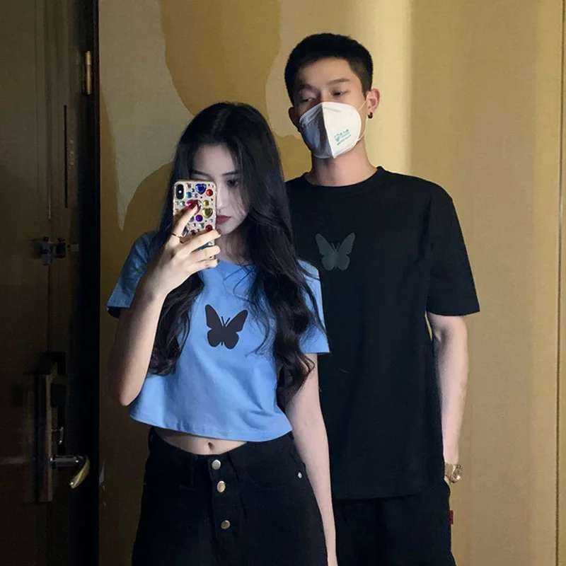 

Reflective Butterfly Women's T-shirts Female Summer Basic Cartoon Harajuku Style O-neck Short Sleeve T-shirts Women's Top