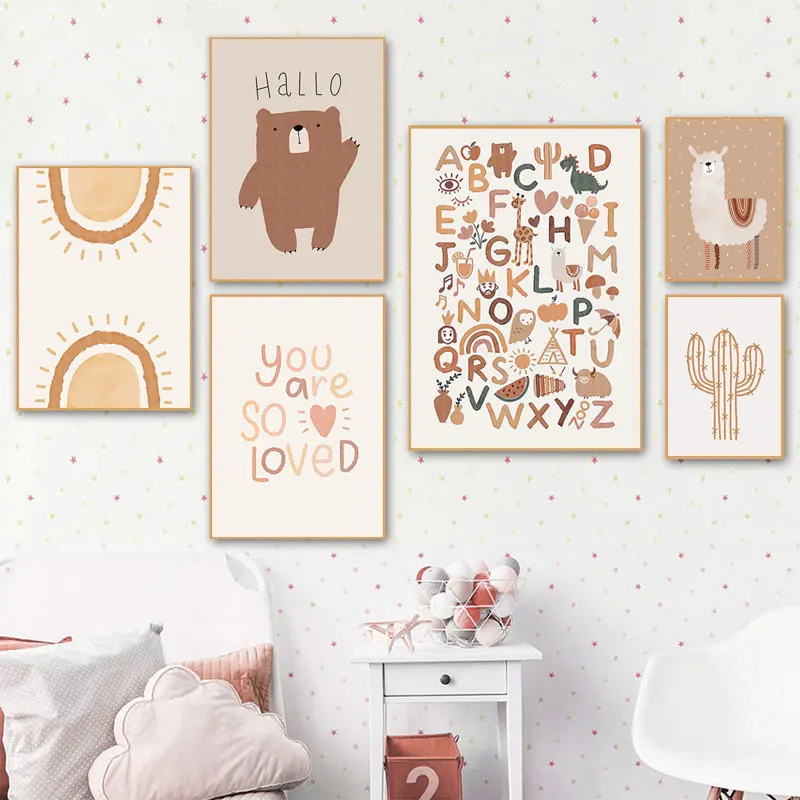 Абстрактная картина печать на холсте "Кактус Альпака Радужное солнце Постер Детская стенная живопись Бохо Постеры Картины Украшение комнаты для малышей".