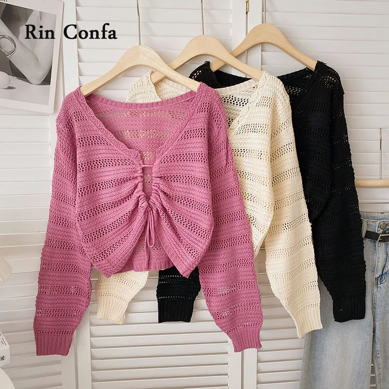 

Rin Confa Thin Perspective Low Neck Fold Knitwear Top Spring Summer Women Bowknot Frenulum Drawstring Long Sleeve Top Women