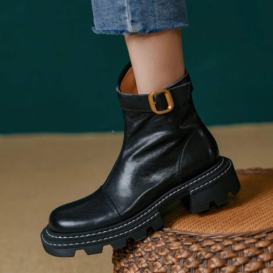 Cowhide Thick Heels Ladies Shoes With Buckle Ankle Boots Side Zippers Women Winter Boots Round Toe Autumn Spring Short Boots