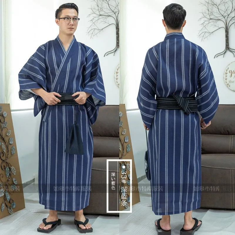 Summer Men's Traditional Yukata Japanese Samurai Pajamas Breathable Kimono Robe Woven Cotton