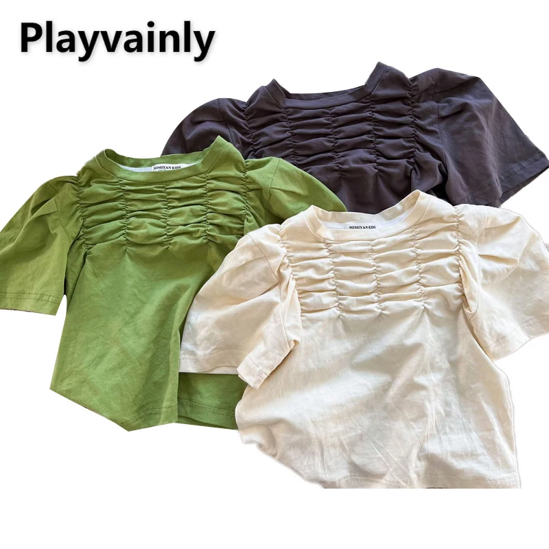 

Корейский стиль, новинка, летняя одежда для маленьких девочек, короткие рукава с буфами, розовая, серая, зеленая футболка с круглым вырезом, ...