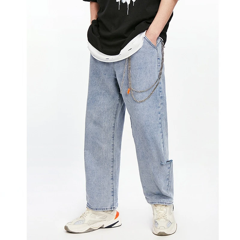 Mens Jeans Streetwear Fashion Student Youth Korean Loose Trend Hole Wide Leg Straight Jeans Mens  Baggy Jeans