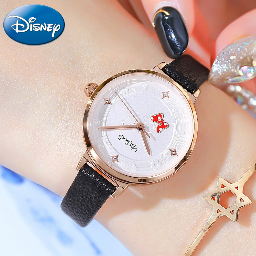 Disney Gift Minnie Mouse Quartz Watch Thin Strap Simple Dial Shape Versatile Bow Tie Clock Girl Relogio Feminino