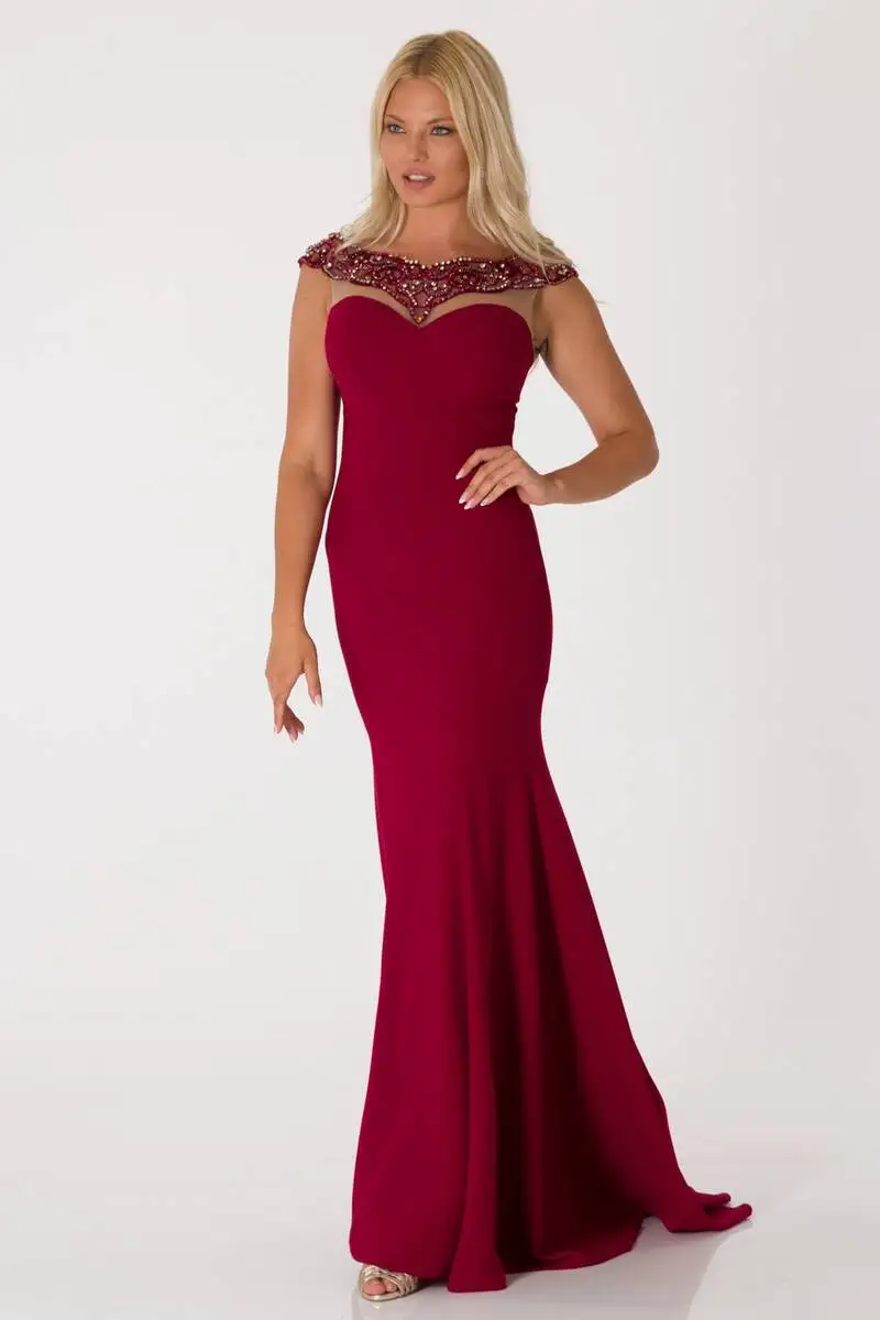 

Collar Detailed Fish Evening Dress Burgundy