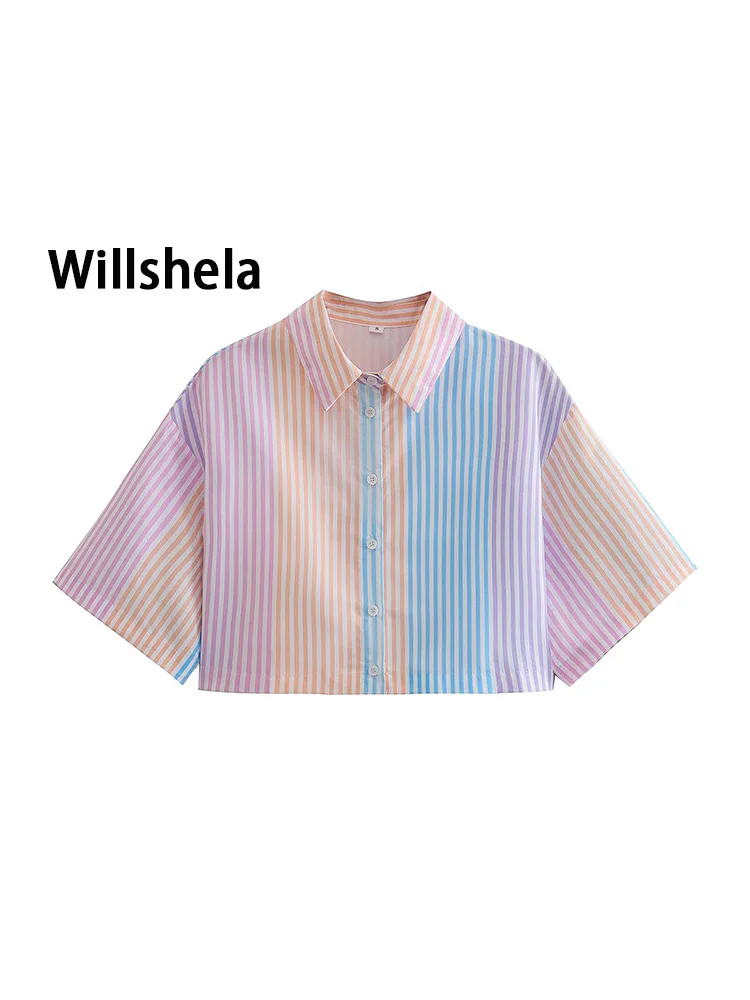 

Willshela Women Fashion Striped Single Breasted Cropped Blouse Vintage Short Sleeves Lapel Neck Female Chic Lady Casual Shirts