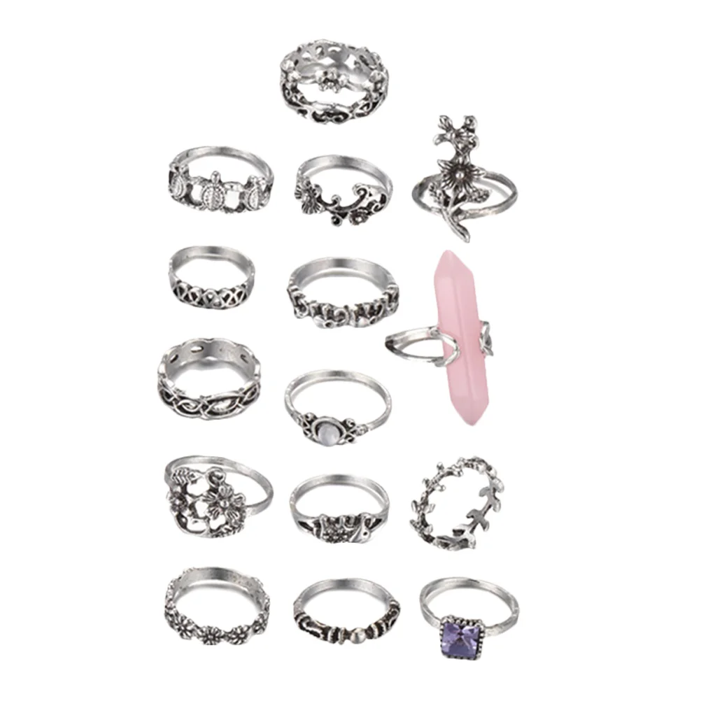 

15 Pcs Gemstone Flower Ring Fashion Rings Knuckle Women Stackable Joint Vintage Alloy Girl