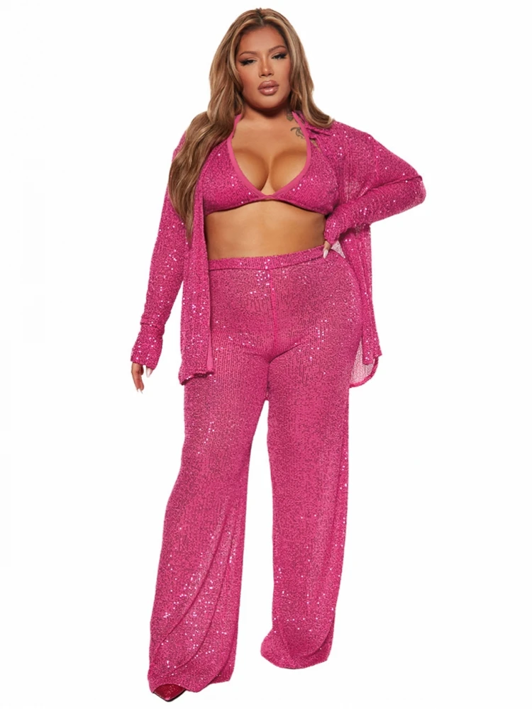 

3 Piece Set Sequins Africa Clothes African Dashiki New Fashion Suit Bra Top And Pants Trousers Suits Party Plus Size Lady