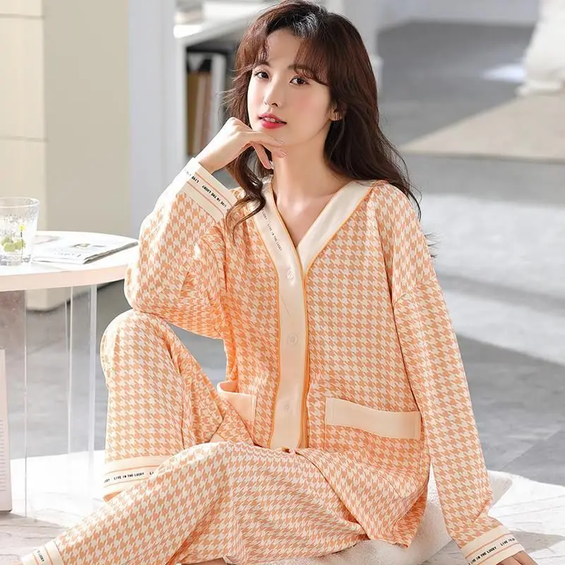 Lightweight Cotton Women Pajama Sets Open Front Night Wears for Women In Spring and Autumn Comfortable Loose Fit Loungewear Suit