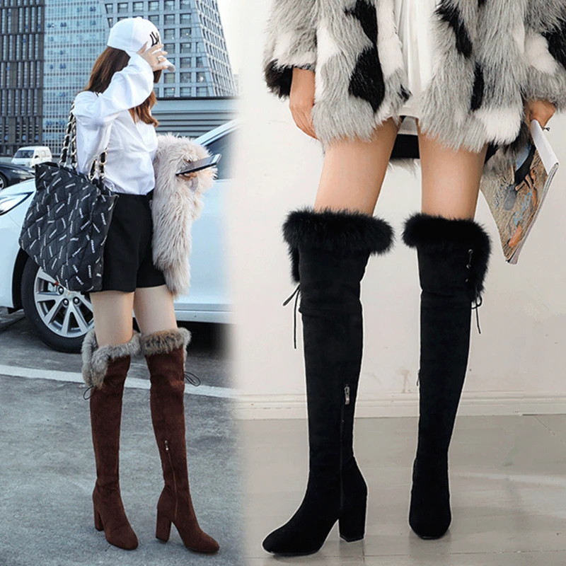 

Женские зимние теплые сапоги из искусственного нубука, на блочном каблуке, выше колена, зимние сапоги с натуральным кроличьим мехом