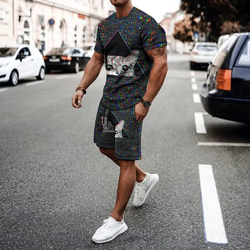 2023 Summer 2 Piece Tracksuit Men's Oversized Clothing Street Clothing Vintage Cute Animal 3D Printed Men's Suit T-shirt Shorts