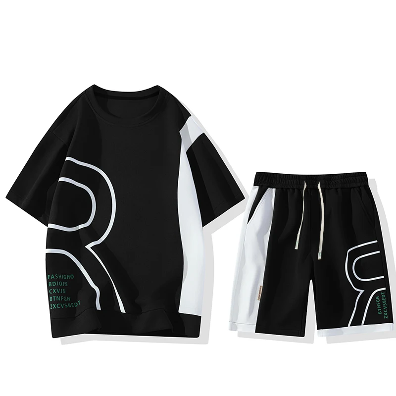 Pullover Men's round Neck Letter Print Short-Sleeved T-shirt Young Students Are Fashionable Fifth Pants Trendy Two-Piece Suit