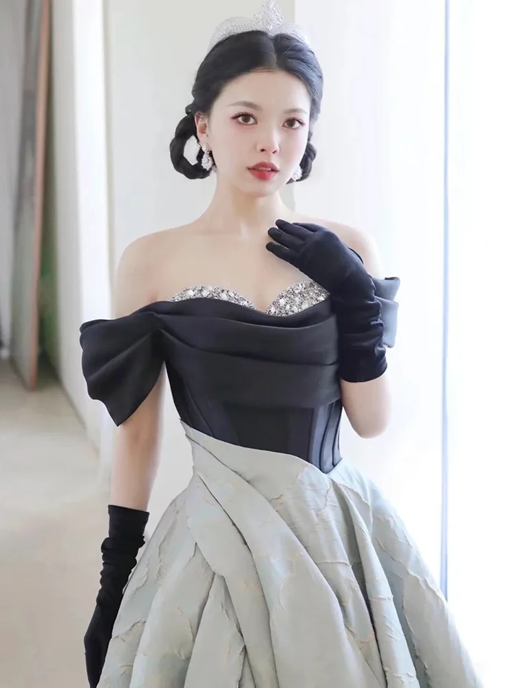

Black Satin Blue Print Celebrity Dress Off Shoulder Backless Beading Match Females Court Formal Evening Party Gown New