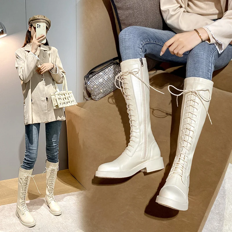 

Женские мотоциклетные сапоги на платформе, повседневные сапоги до колена, на танкетке, с перекрестной шнуровкой, Осень-зима 2021