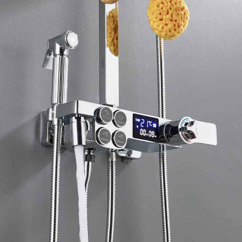 

LED Digital Shower System Bathroom Smart Thermostatic Shower Set Wall Mount SPA Rainfall Bath Faucet Hot Cold Mixer Square Head