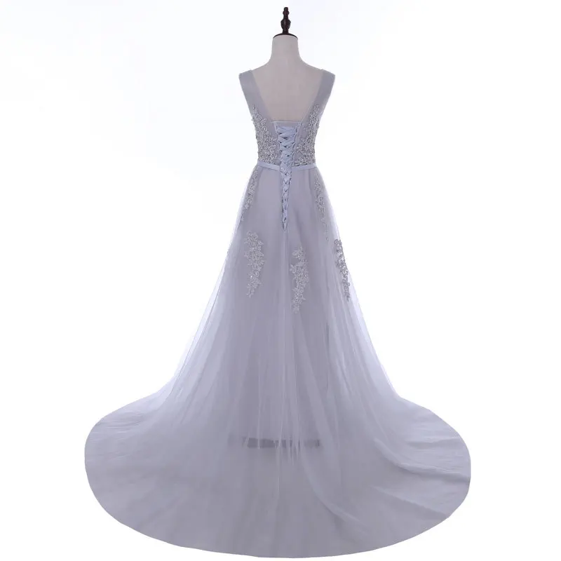 Vestido De Festa Sweet pink Lace V-neck Long Evening Dress Bride Party Sexy Backless beads pearls Prom Dresses lace-up