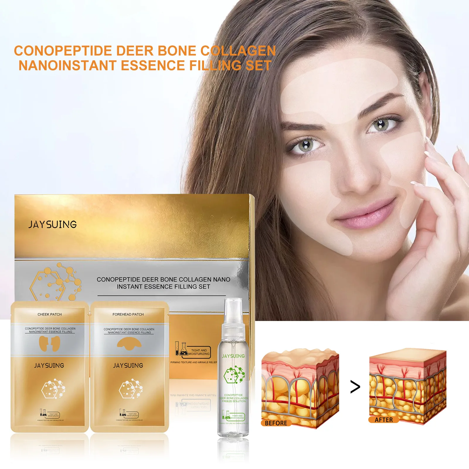 

20ml Deer Bone Collagen Essence Set Conotide Anti-Wrinkle Cheek And Patches Essence Moisturizing Forehead Patches Face Care