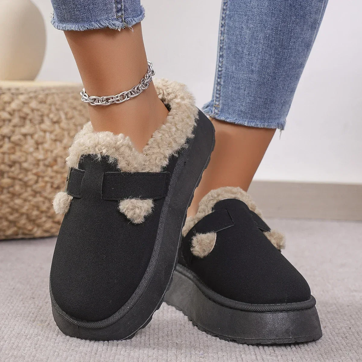 New Luxury Winter Women's Boken Shoes Plush Fashion Retro Bean Cotton Flat Sole Slippers Platform Women Boots