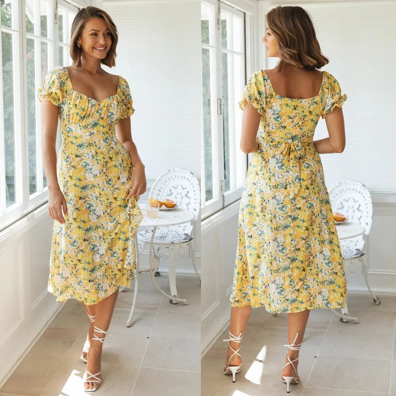 

2022European and American Spring and Summer Sexy Split Square Collar Ruffled Short Sleeves Printed Dress