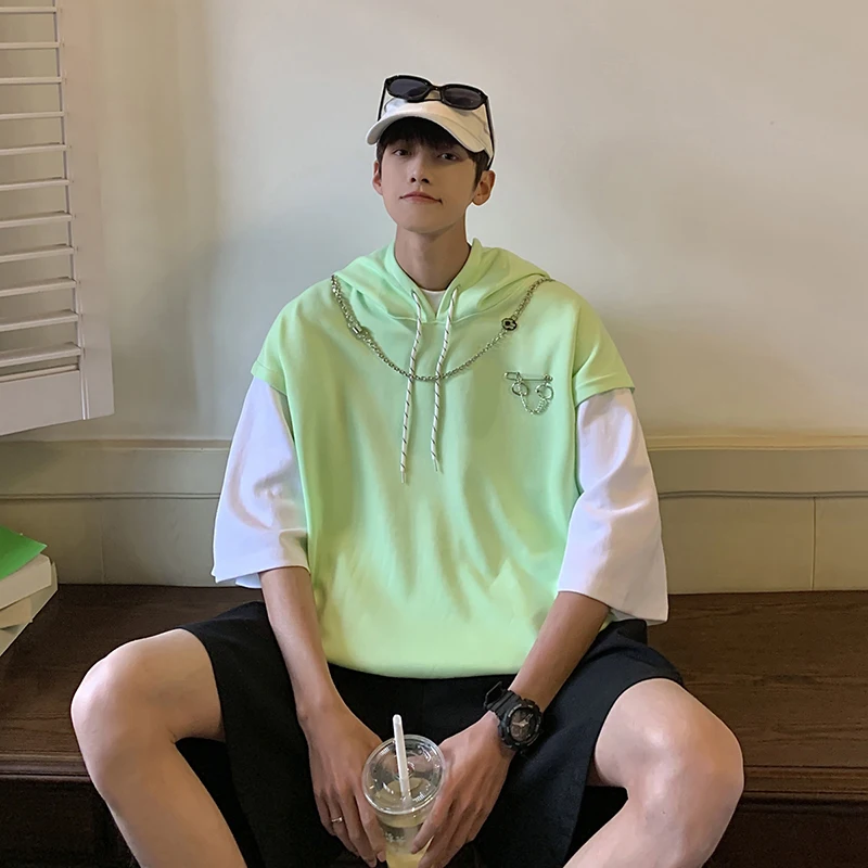 

Hoodies T-Shirts Casual Tops Loose Short Sleeves Contrast Color Stitching Hiphop Chains Street Fashion Tops Loose Male Clothes