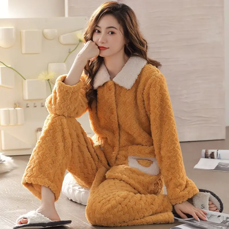 pajamas for women winter thicken warm long sleeve flannel nightwears woman two pieces sets sleepwear clothing female clothes