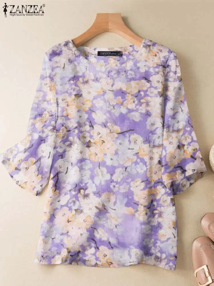 

ZANZEA Half Sleeve Round Neck Blouse Casual Oversize Loose Holiday Tops Women Bohemian Floral Printed Vintage Tunic Summer Shirt