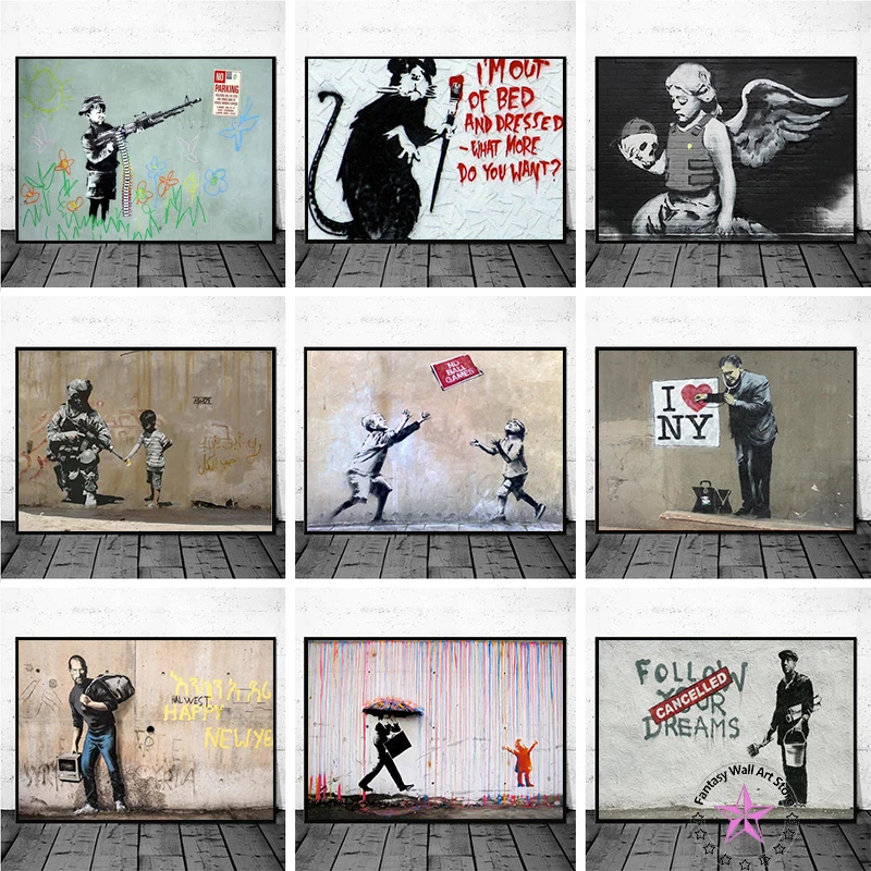 

Graffiti Art Banksy Figure Painting Children Pee Colorful Rain Abstract Poster Canvas Prints Wall Art Pictures for Home Decor