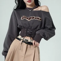 deeptown vintage women sweatshirt y2k kpop one shoulder korean fashion cropped top streetwear harajuku grunge pullover aesthetic