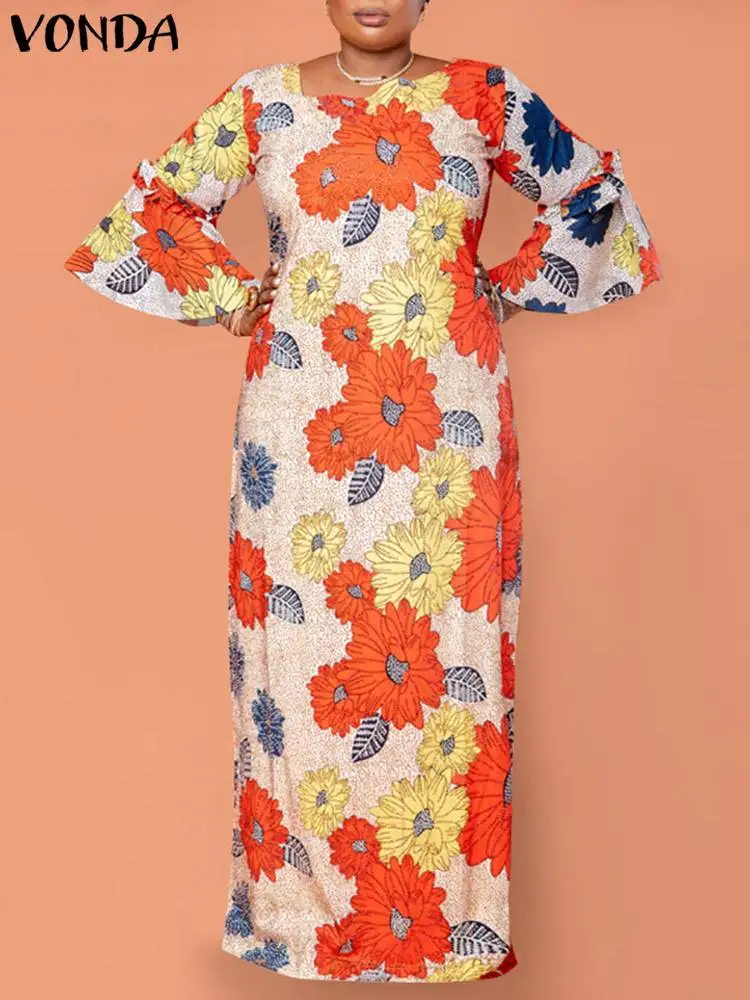

VONDA Women Dress 2022 Vintage Long Sleeve Evening Party Maxi Dresses Floral Printed Holiday Pleated Vestidos Casual Robe Femme