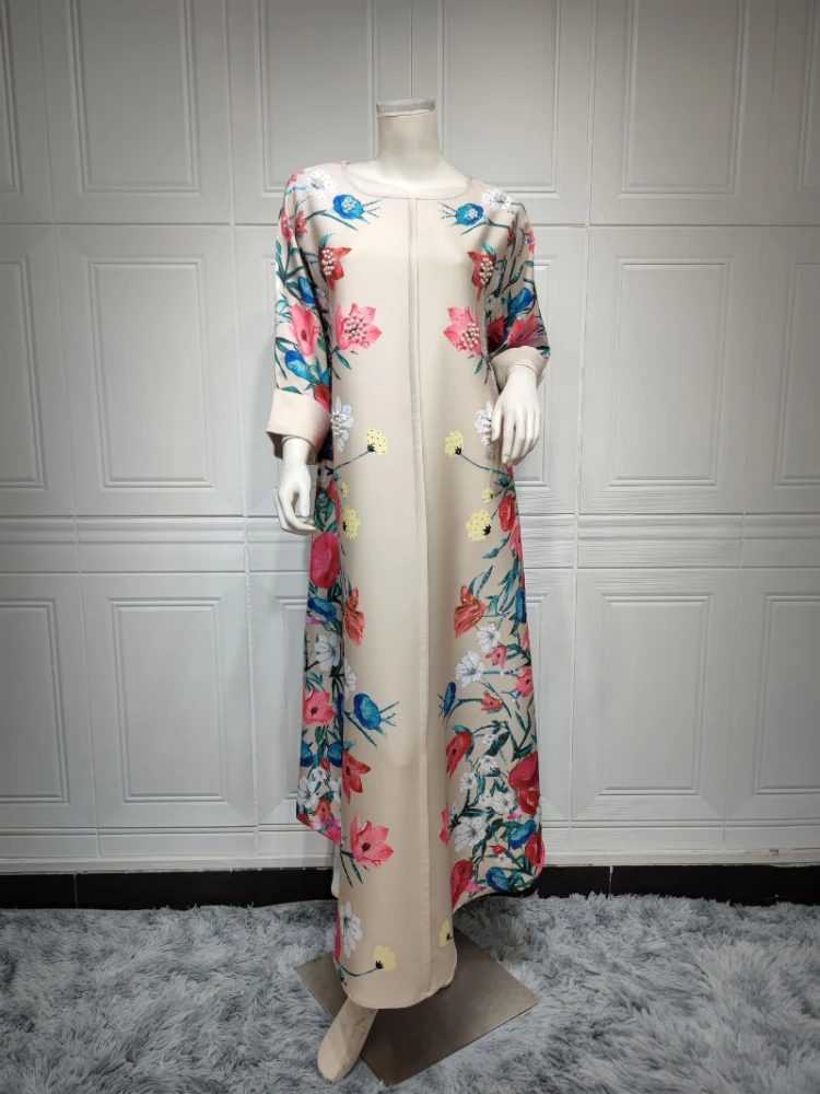 2023 Summer Elegant Muslim Women Long Sleeve O-neck Polyester Printing Long Abaya Muslim Fashion Dress Muslim Dress Women