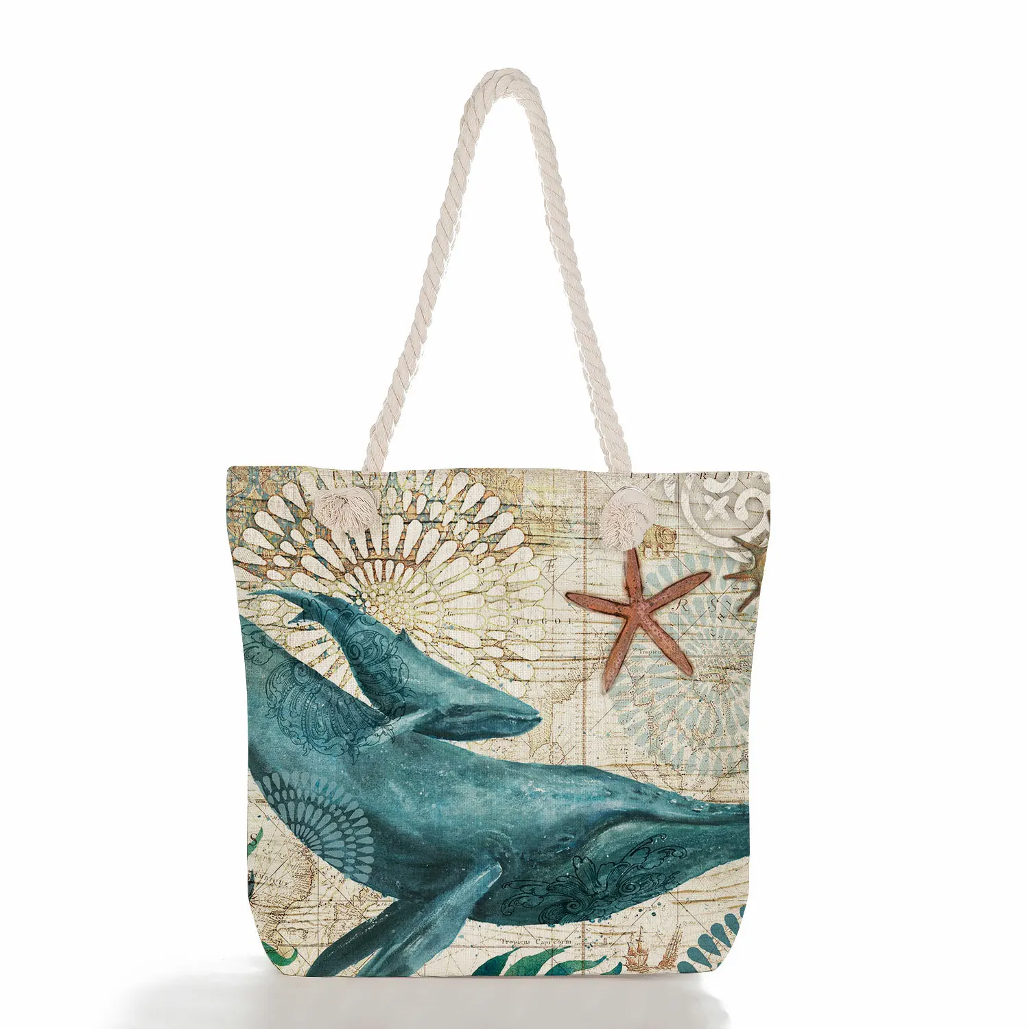 

2023 New Casual Canvas Print Tote Bag Cute Sea Whale Animal Pattern Shoulder Bag Handbag with Cotton Rope Schoolbags