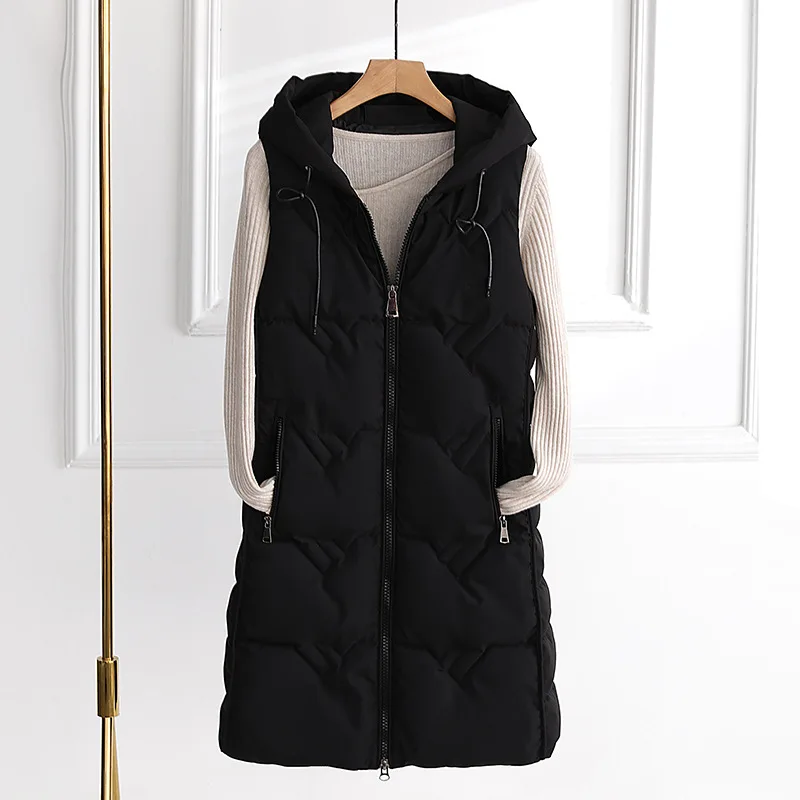 Women Autumn Winter Hooded Sleeveless Windproof Long Vest Coat Outwear Puffer Jacket Cotton Padded Parkas Waistcoat Puffer