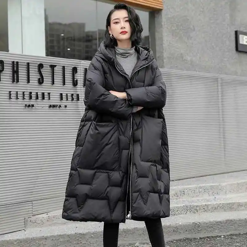 Winter Down Jacket Women Hooded Loose Thick 90% Duck Down Coat Casual Parkas Female Zipper Pocket Long Puffer Coat Outwear H69
